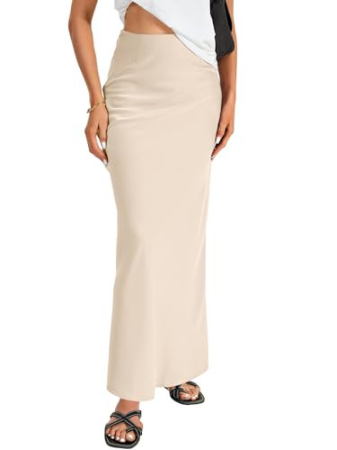 Vrtige Women's Elegant Satin Silky High Waist Zipper Flowy A Line Long Maxi Skirts Light Champagne Large | Amazon (US)