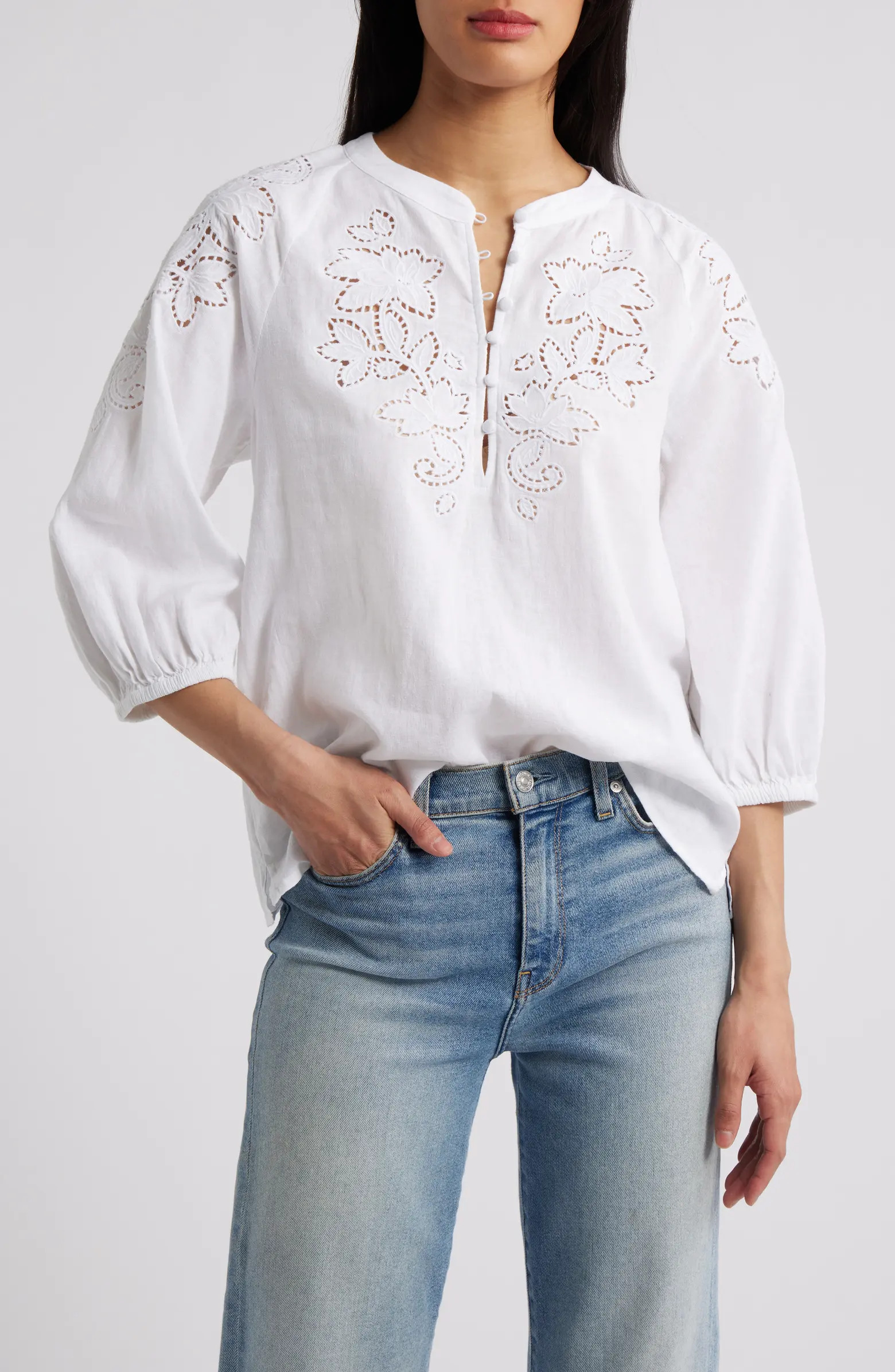 Embroidered Cutwork Split Neck Linen Blend Popover Top | Nordstrom