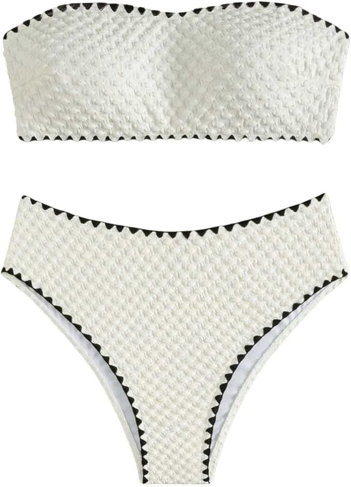 SHENHE Women's High Waisted Bandeau Bikini Set 2 Piece Strapless Textured Swimsuits | Amazon (US)