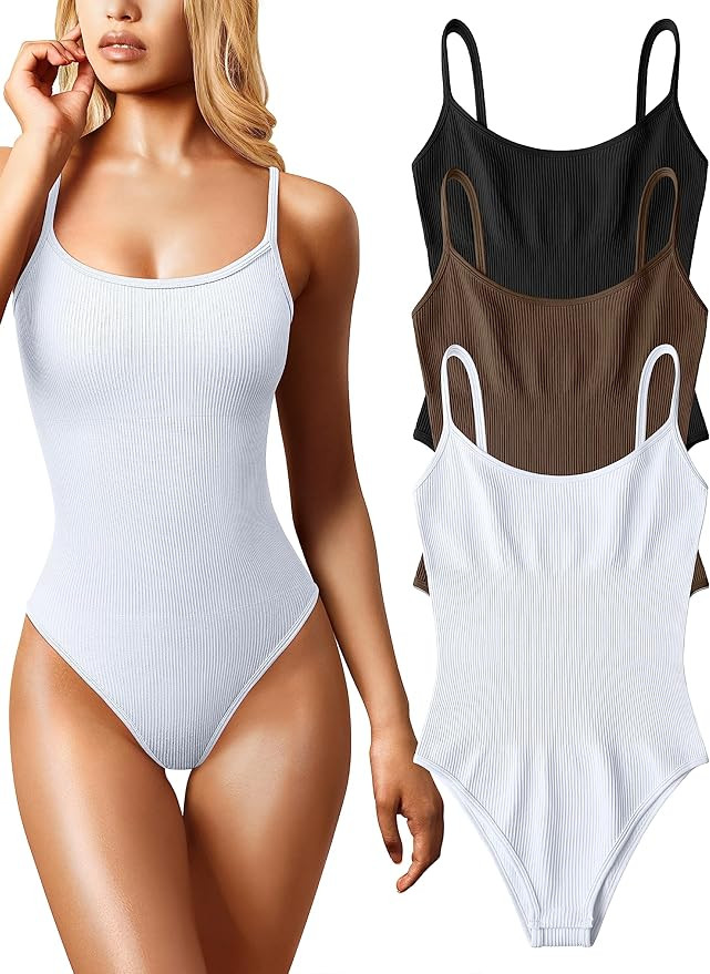 OQQ Women's 3 Piece Bodysuits Sexy Ribbed Sleeveless Adjustable Spaghetti Strips Tops Leotard 202... | Amazon (US)