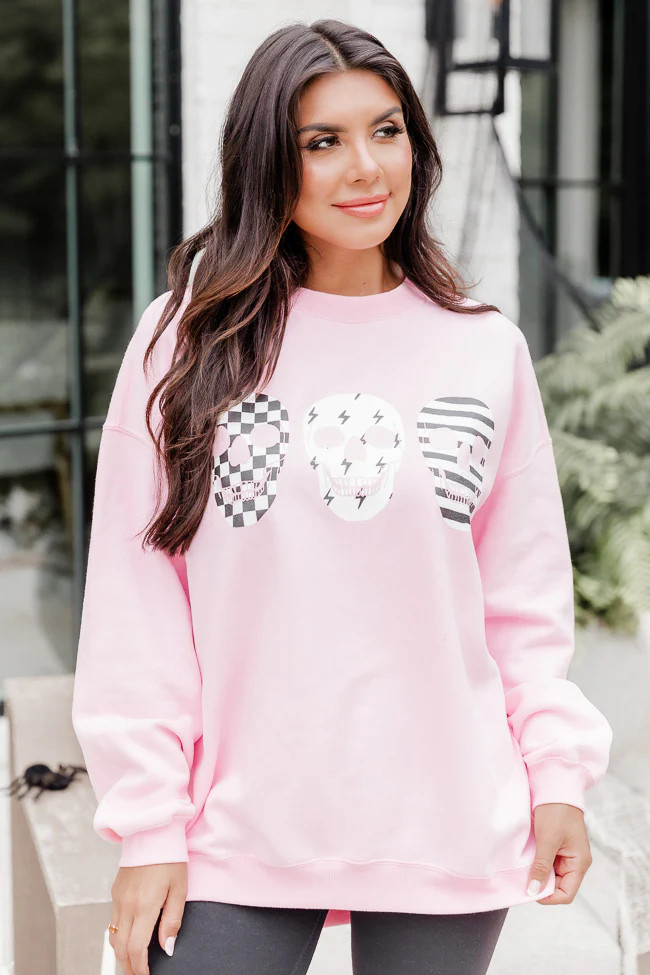 Skulls Trio Pink Oversized Graphic Sweatshirt | Pink Lily