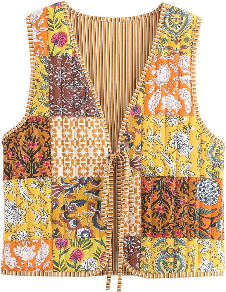 Wyeysyt Women's Cropped Floral Quilted Puffer Vest Printed Lightweight Sleeveless Padded Gilet Ou... | Amazon (US)