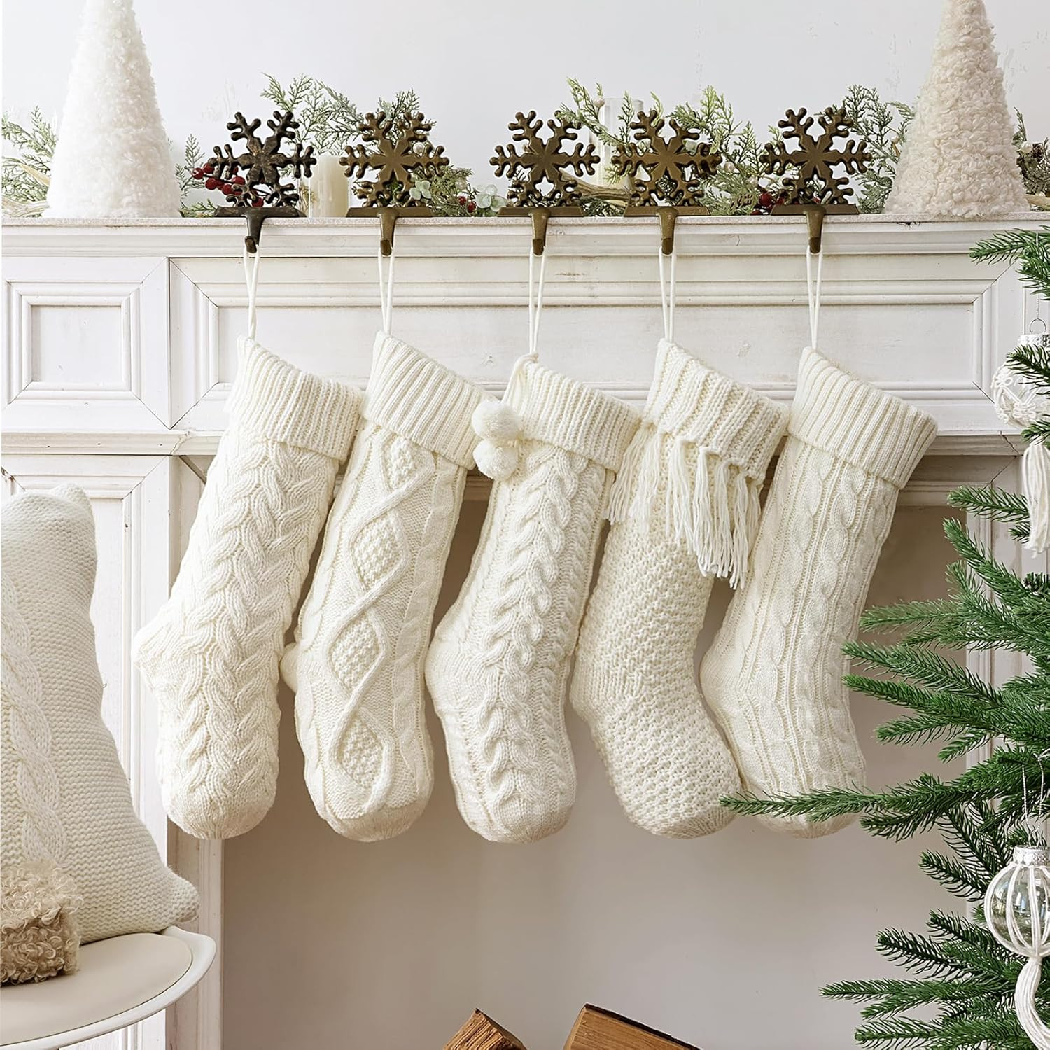 Farmhouse Knitted Christmas Stockings: 5 Pack 18 Inch Rustic Cable Knit Fireplace Stockings, Cozy... | Amazon (US)