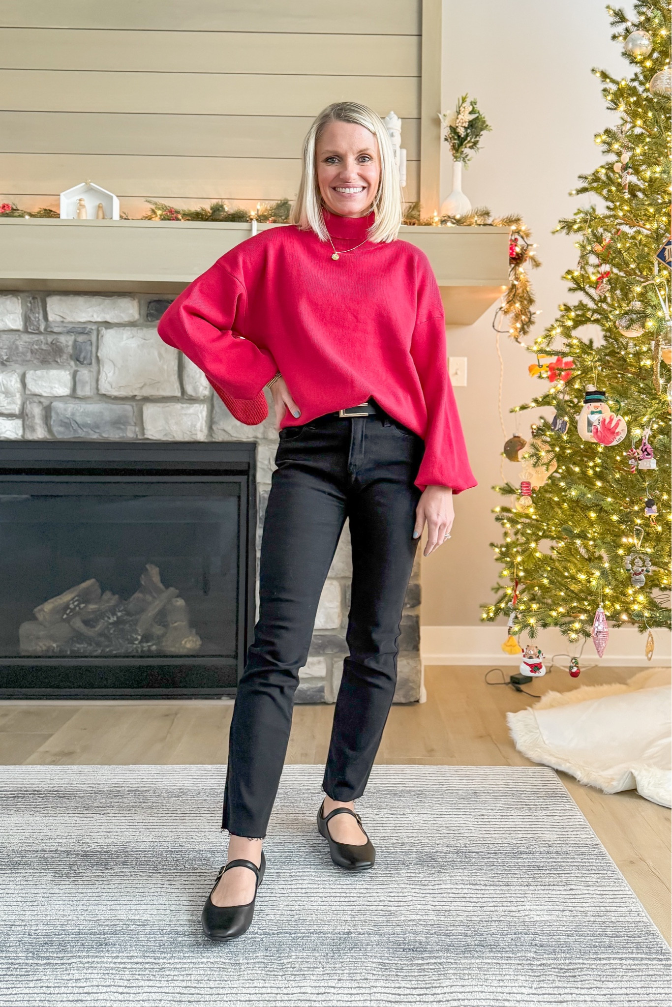 Red sweater worn with black jeans in this holiday outfit! Sweater- xs || jeans- 24

#LTKStyleTip #LTKSeasonal #LTKHoliday