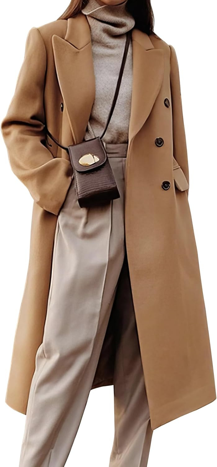 Womens Long Wool Coats Fall Winter Double Breasted Trench Coat Peacoat | Amazon (US)