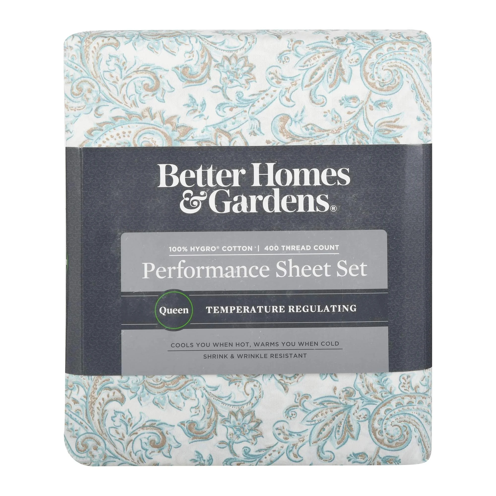 Better Homes & Gardens 400 Thread Count Hygro Cotton Bed Sheet Set, Queen, Aqua Paisley | Walmart (US)
