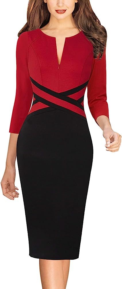 VFSHOW Womens Colorblock Front Zipper Work Office Business Party Bodycon Pencil Dress | Amazon (US)