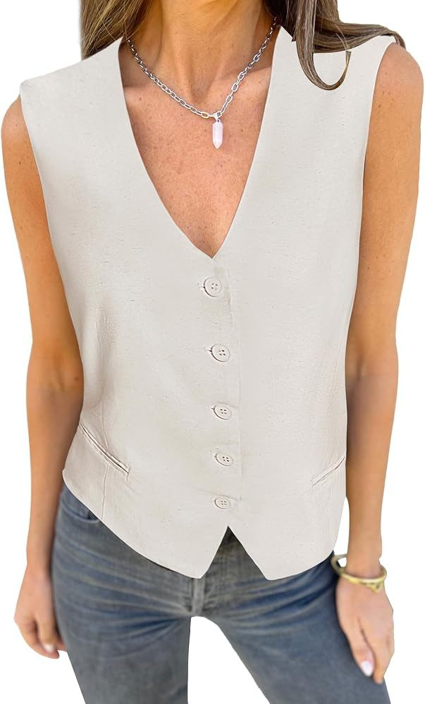 luvamia Womens Vests Linen Fashion Dressy Casual Lightweight Button Down Sleeveless Blazer Lined ... | Amazon (US)