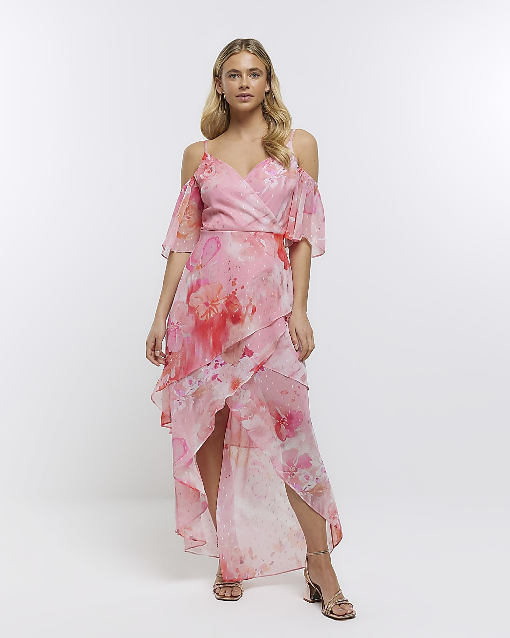 Pink chiffon floral smock maxi dress | River Island (UK & IE)