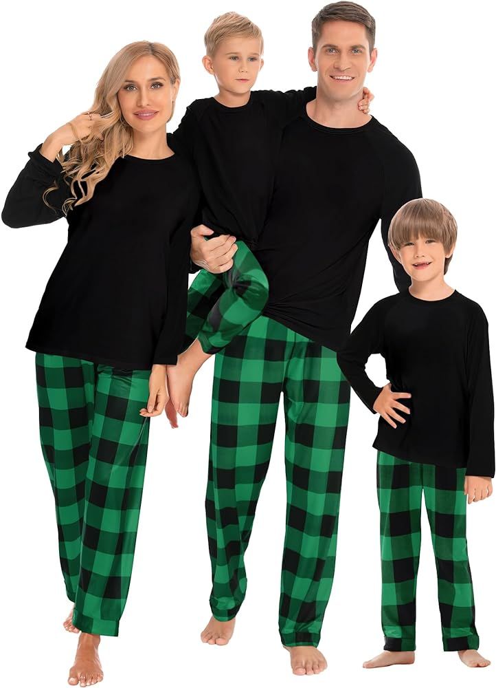 SWOMOG Matching Family Christmas Pajamas Printed Long Sleeve Tee and Plaid Pants Loungewear | Amazon (US)
