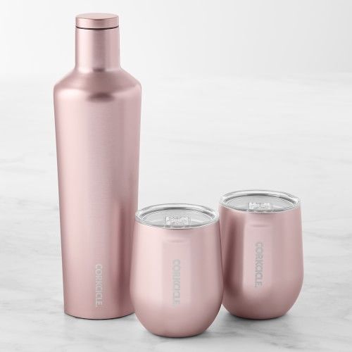 Corkcicle Insulated Small Beverage Canteen & Stemless Wine Glass Set, Rose Metallic | Williams-Sonoma