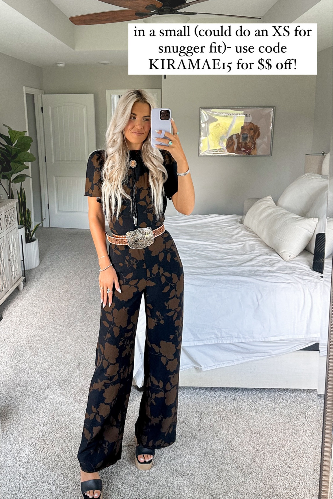 (PS- check return policy for jumpsuit!) western wedding guest outfit — use code KIRAMAE15 on the jumpsuit! in a small but could almost do an XS. belt and belt buckle are custom, linking the sellers i got them from :) bolo is from LuckyKLeather use code KIRA10. shoes are old so linking similar 

#LTKStyleTip #LTKWorkwear #LTKWedding