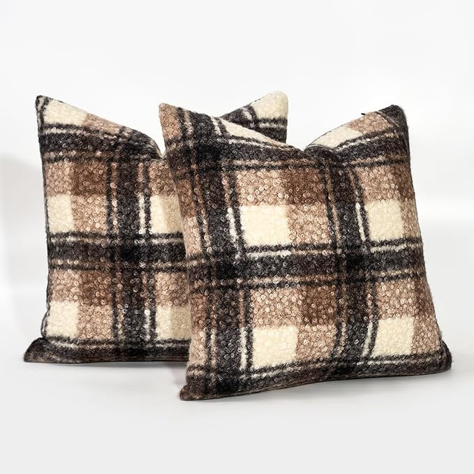 Brown Plaid Pillow Covers, Fuzzy Boucle Sweater Throw Pillow Covers 18x18 | Set of 2, Fall and Wi... | Amazon (US)