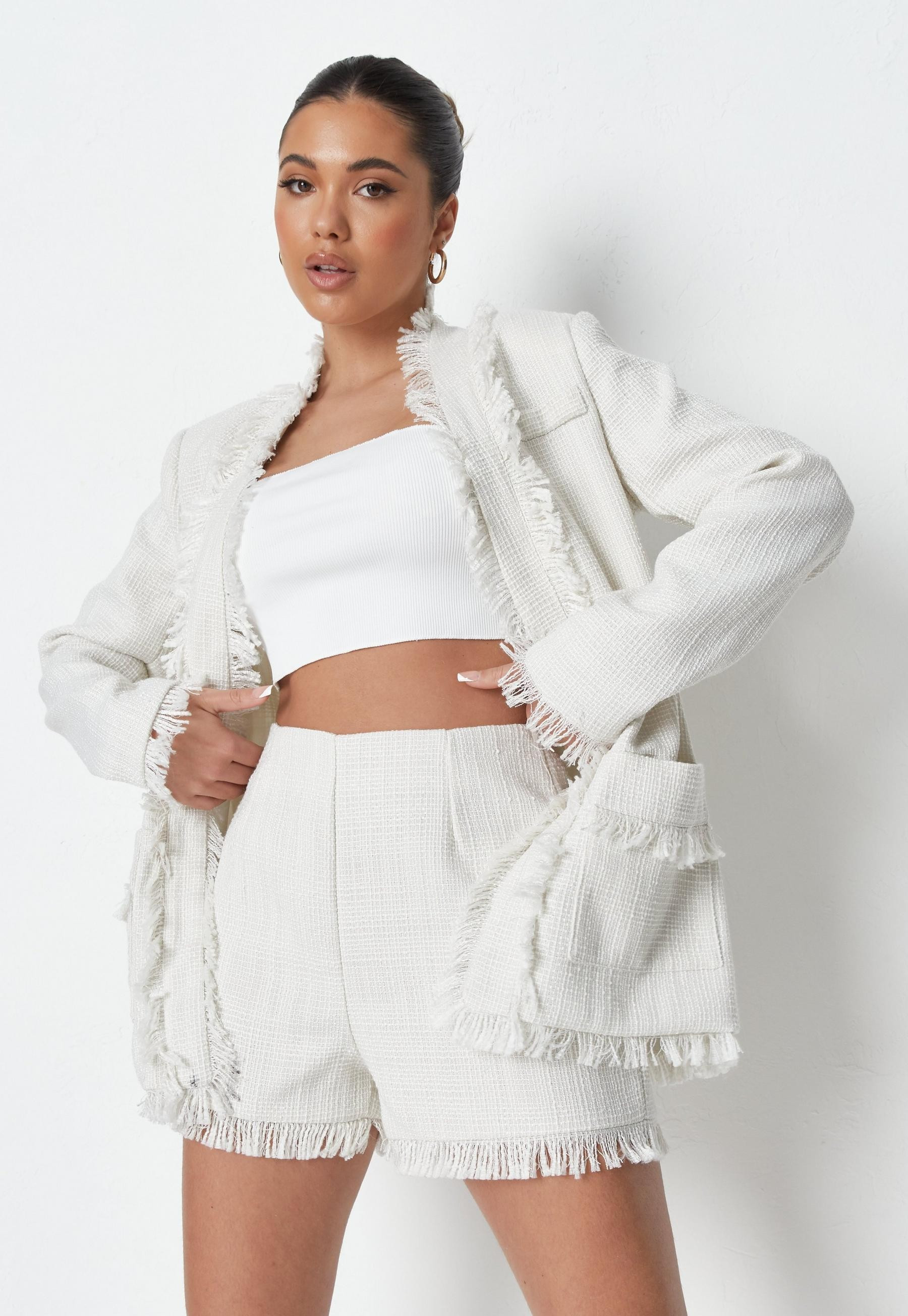 Missguided - Cream Co Ord Boucle Frayed Tailored Shorts | Missguided (US & CA)
