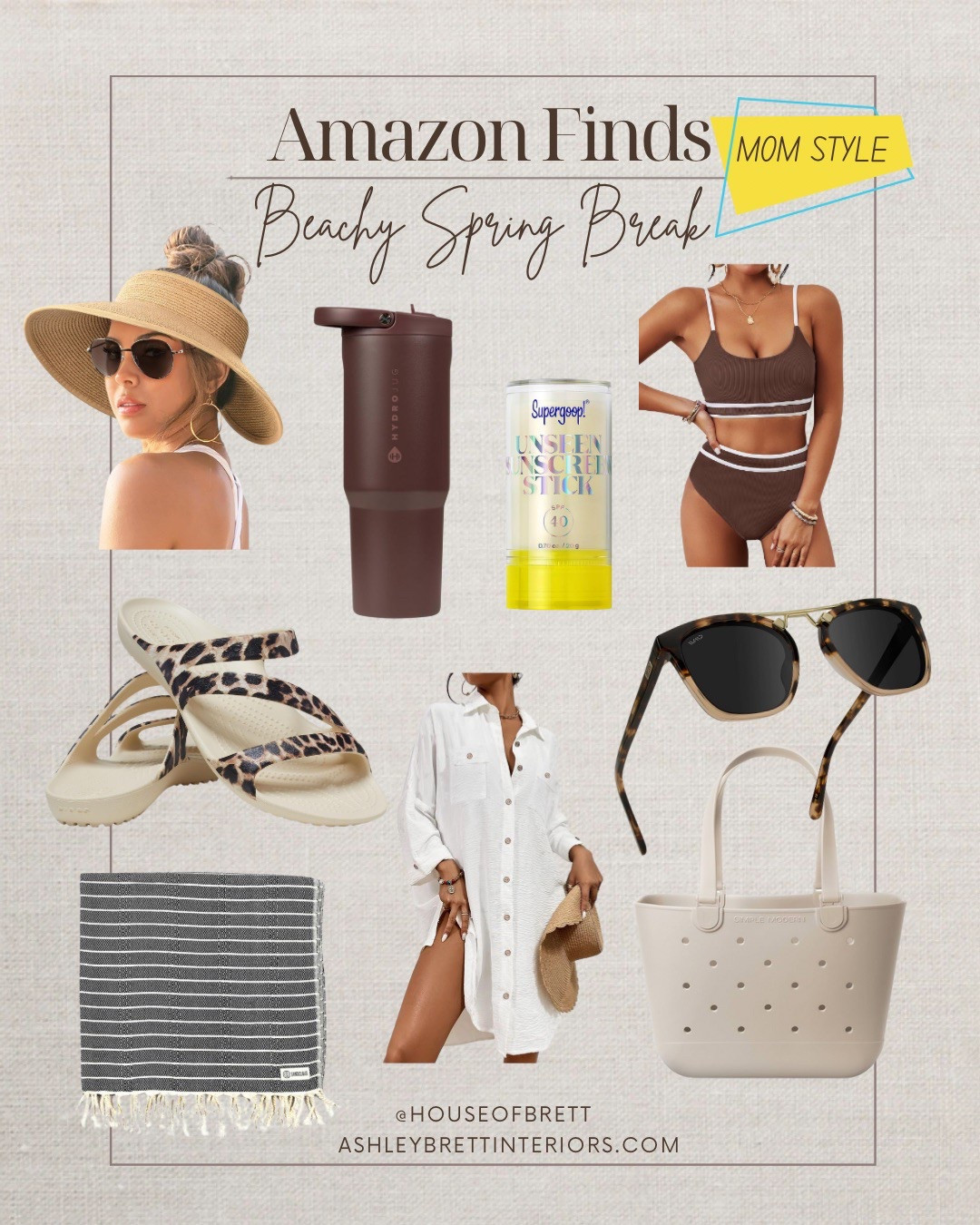 Spring break beach essentials, mom edition. Complete with a mom bun sun hat, a waterproof tote to pack all the snacks and toys, a leak-proof water jug and the best packable sunscreen stick. 

#LTKTravel #LTKSeasonal #LTKFamily