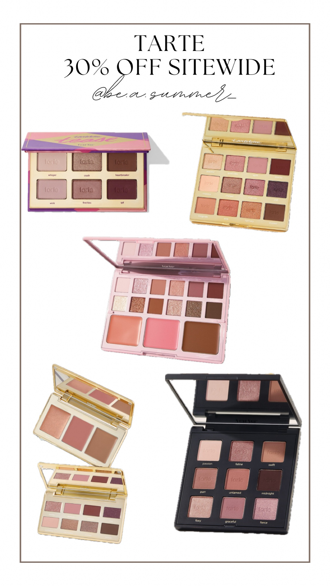 30% off sitewide right now @ Tarte!!  💋💋

Here are my HOC Summer eyeshadow picks!

Beasummer / style / makeup

#LTKstyletip #LTKbeauty