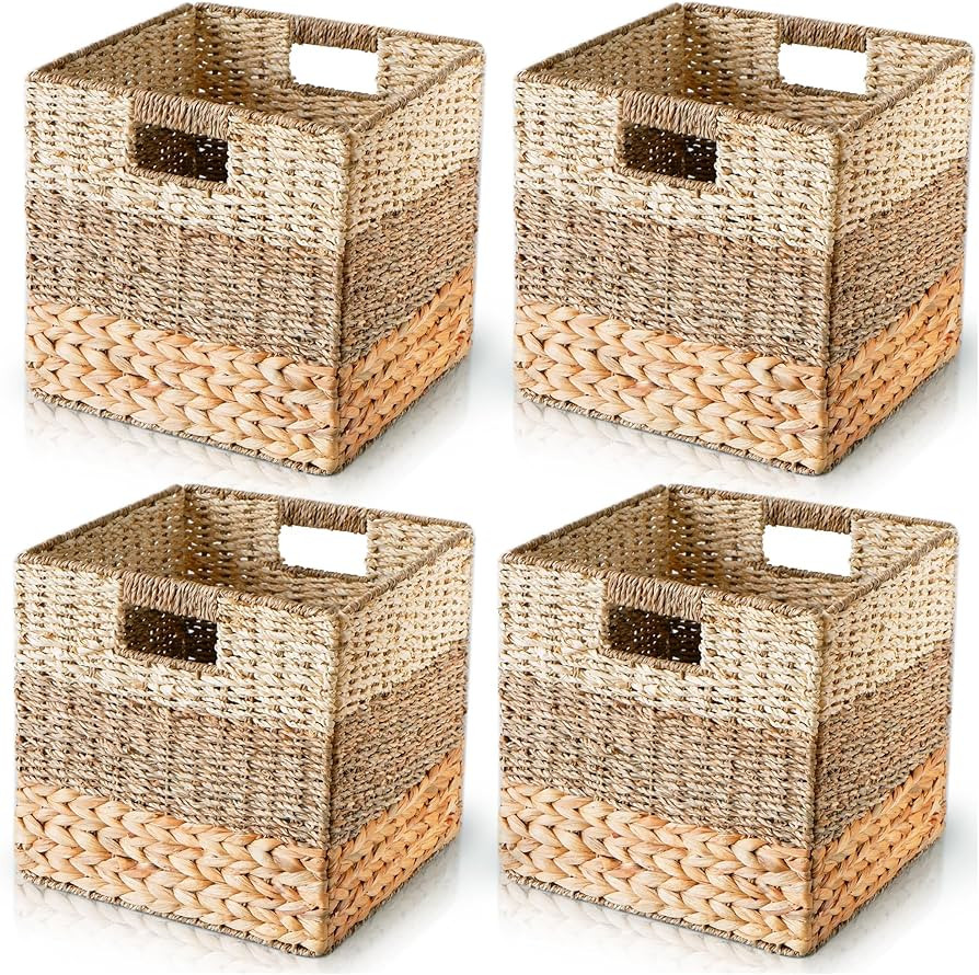 CHI AN HOME Natural Wicker Storage Cubes, 12x12 Storage Cube Bins, Set of 4 Heavy Duty Hyacinth B... | Amazon (US)