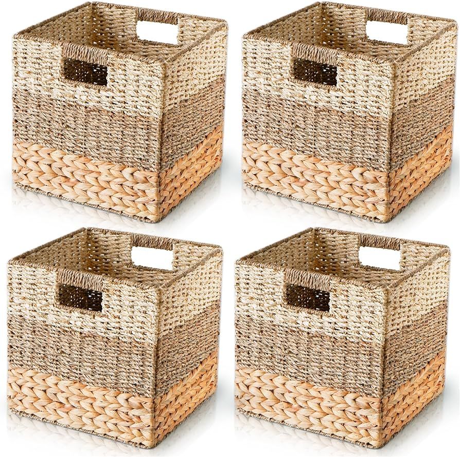 CHI AN HOME Natural Wicker Storage Cubes, 12x12 Storage Cube Bins, Set of 4 Heavy Duty Hyacinth B... | Amazon (US)