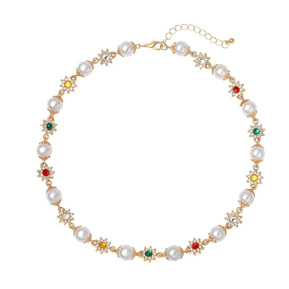 Pearl Choker Necklaces for Women,Gold Choker with Crystal Flower,Vintage Necklace Gift Dainty Pea... | Amazon (US)