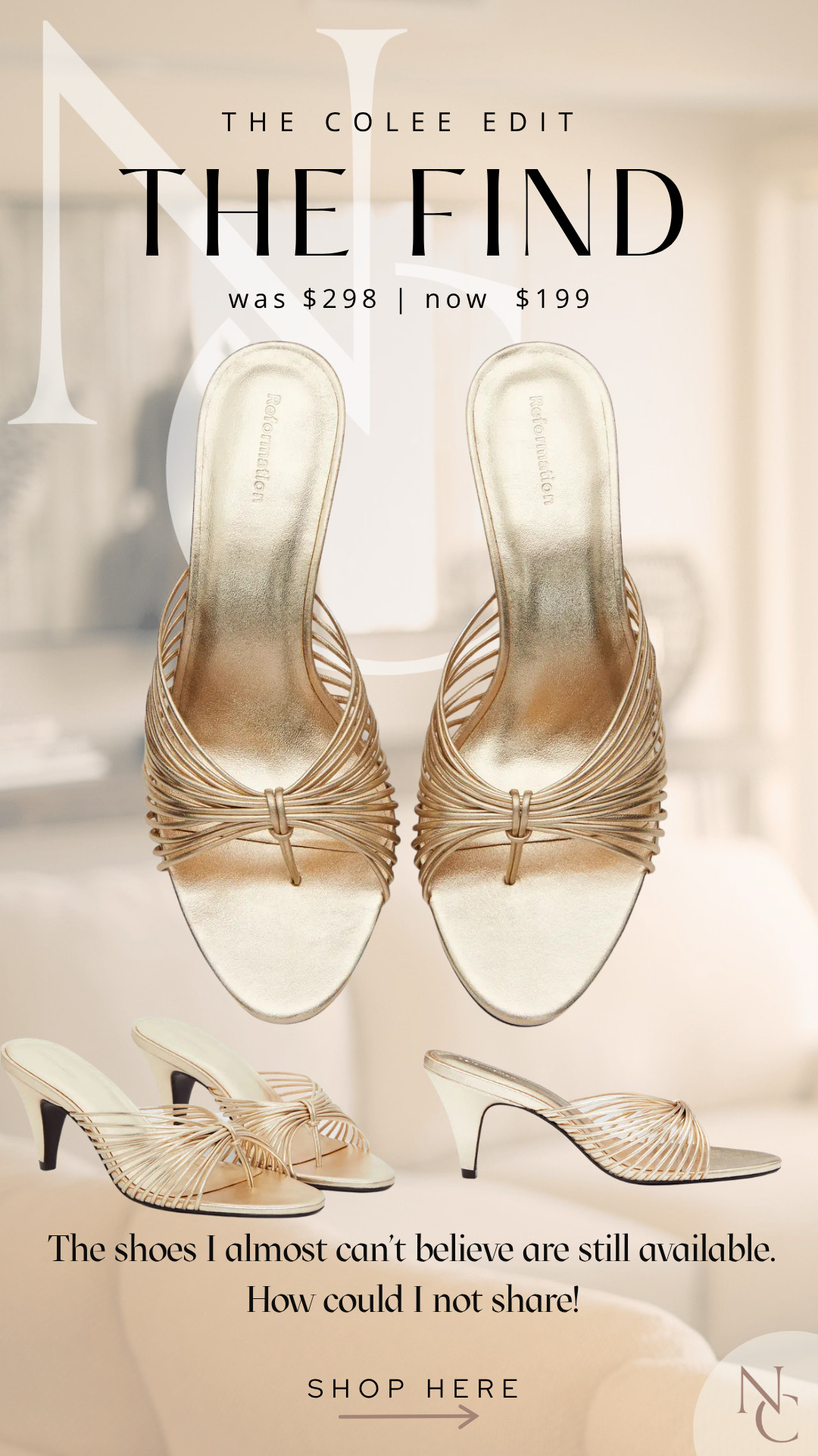 ✨ THE FIND | GOLD REFORMATION HEELS

Was $298 → now $199 👀

A metallic heel that goes with EVERYTHING? Yes please. These Reformation beauties are the kind of shoe I’d wear with denim, dresses, trousers… basically on repeat. And at $99 off, they officially made The Find. ✨ 

 #LTKdayinmylife #LTKSeasonal #LTKSaleAlert