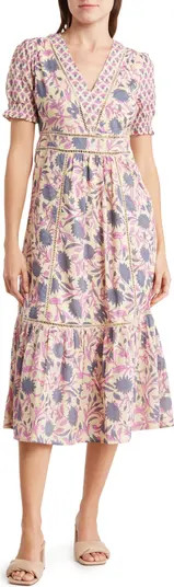 Puff Sleeve Midi Dress with Crochet Trim | Nordstrom Rack