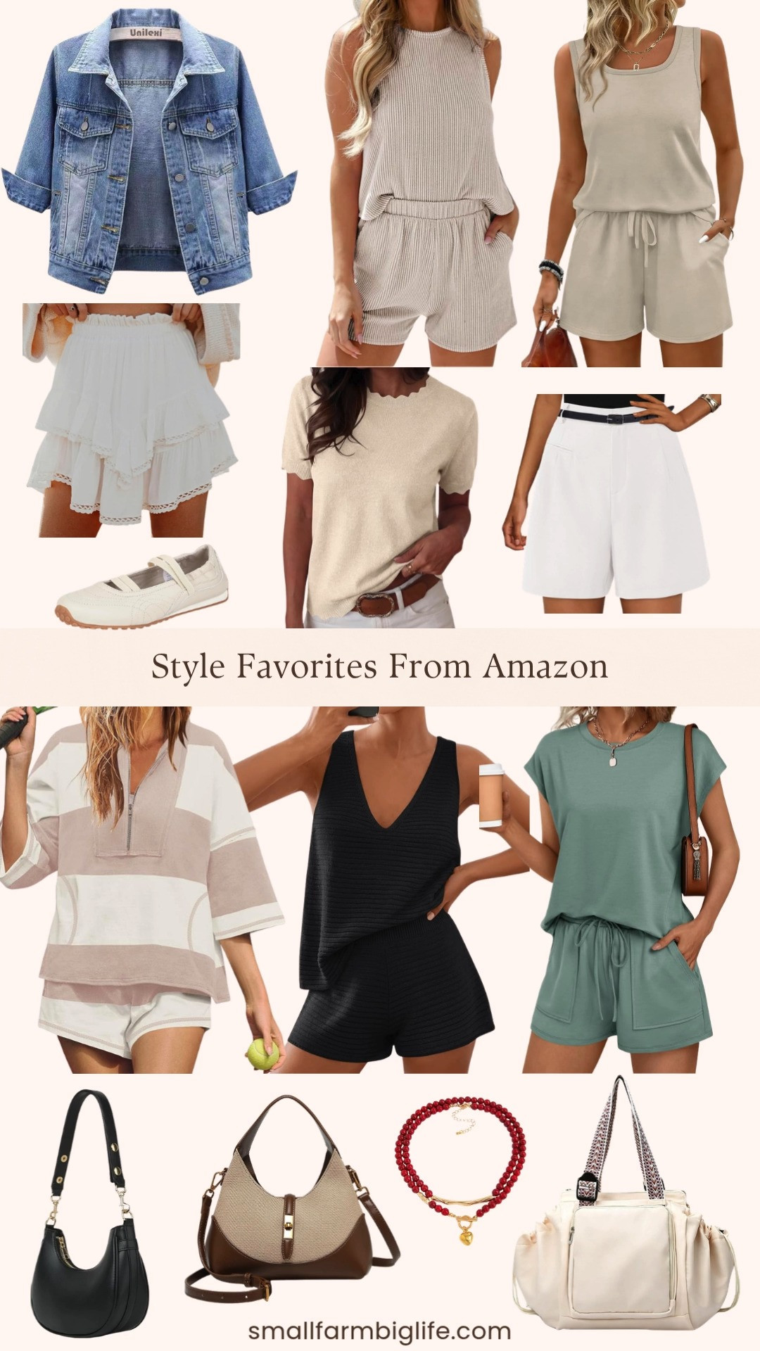 These style favorites from Amazon are perfect for rounding out your summer wardrobe, and my LTK has all of these linked and ready to shop. From two piece lounge sets to easy everyday basics, there is so much to love in this roundup.
I am obsessed with the beige and cream striped two piece lounge set, the sage green two piece sweatsuit with the cap sleeve drawstring top, and the beige two piece shorts sets for the ultimate comfy summer outfit. The black tank and shorts vacation set is perfect for warm weather travel too.
For everyday pieces, the light blue cropped denim jacket and the white boho ruffle skort are great layering and bottom options, and the white high waisted wide leg business casual shorts are perfect for a dressier summer look. The beige scalloped short sleeve sweater adds such a pretty touch as well.
For shoes and accessories, I am loving the beige Mary Jane sneaker flats, the tan and brown shoulder bag, the black shoulder bag, the cream large capacity nylon travel tote, and the chunky red beaded statement necklace.
Shop all of my summer style favorites from Amazon linked in this post. 

 #LTKgrwm #LTKootd #LTKOver40