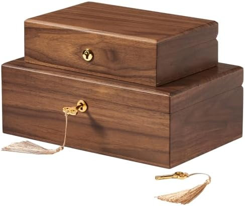 Walnut Storage Boxes with Locking Lid Set of 2 Decorative Solid Wood Storage Baskets Lockable Vin... | Amazon (US)