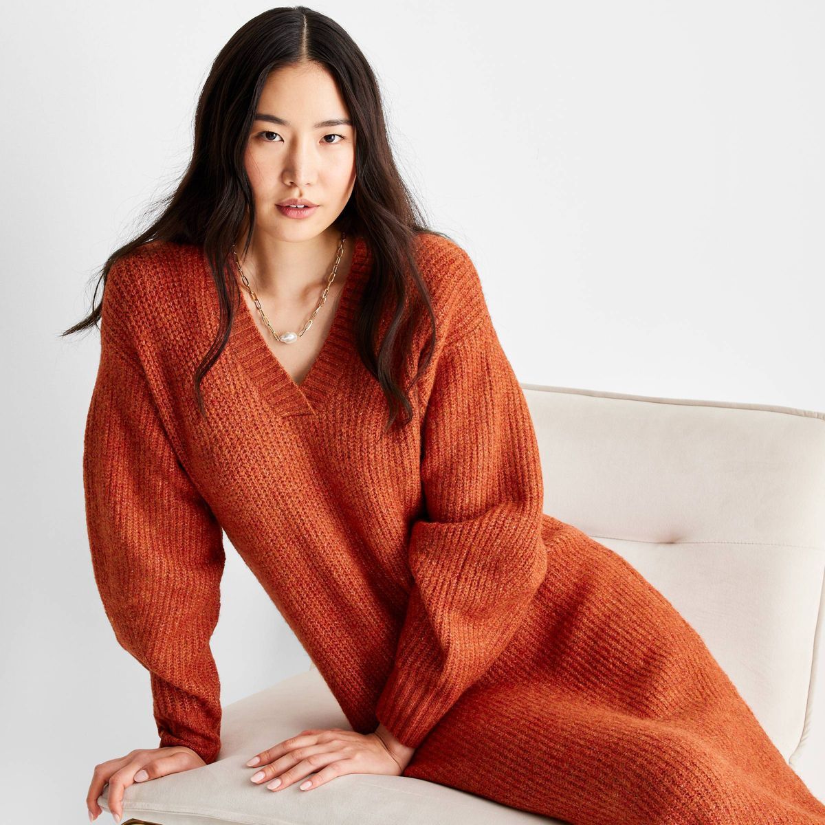 Women's Long Sleeve Chunky Sweater Midi Dress - Future Collective™ with Reese Blutstein Rust | Target