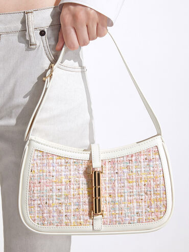 White Cesia Metallic Accent Tweed Shoulder Bag | CHARLES & KEITH | Charles & Keith US