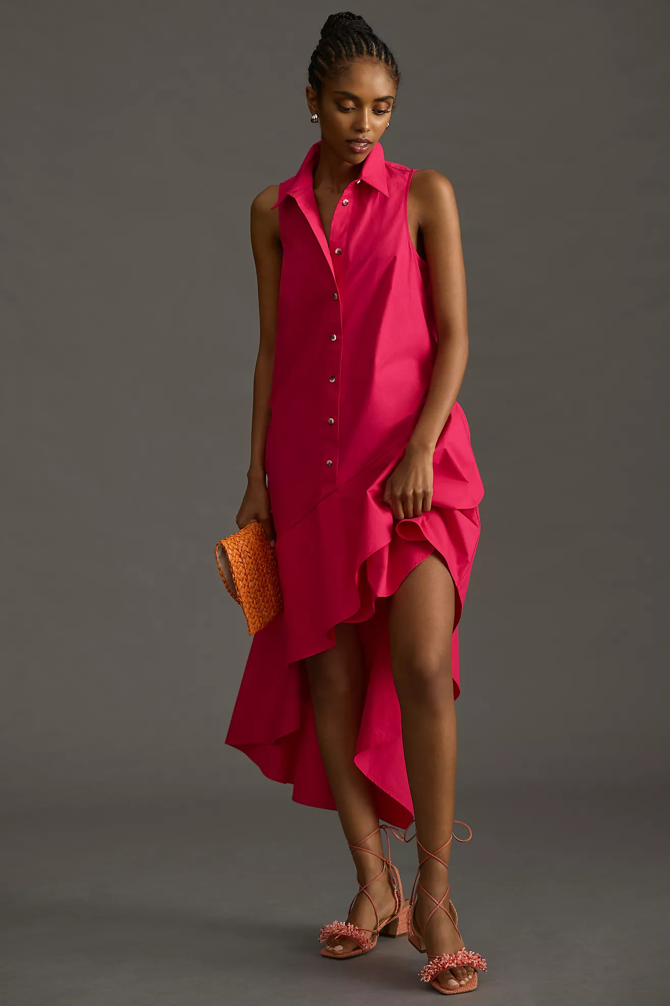 By Anthropologie Sleeveless Buttondown Asymmetrical Ruffle-Hem Dress | Anthropologie (US)