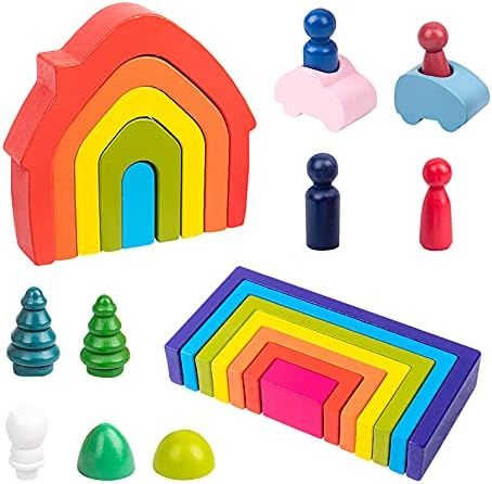 Wooden Toys Rainbow Stacking Blocks Puzzle, Toddlers Age 1+ Learning Toy Montessori Geometry Buil... | Amazon (US)