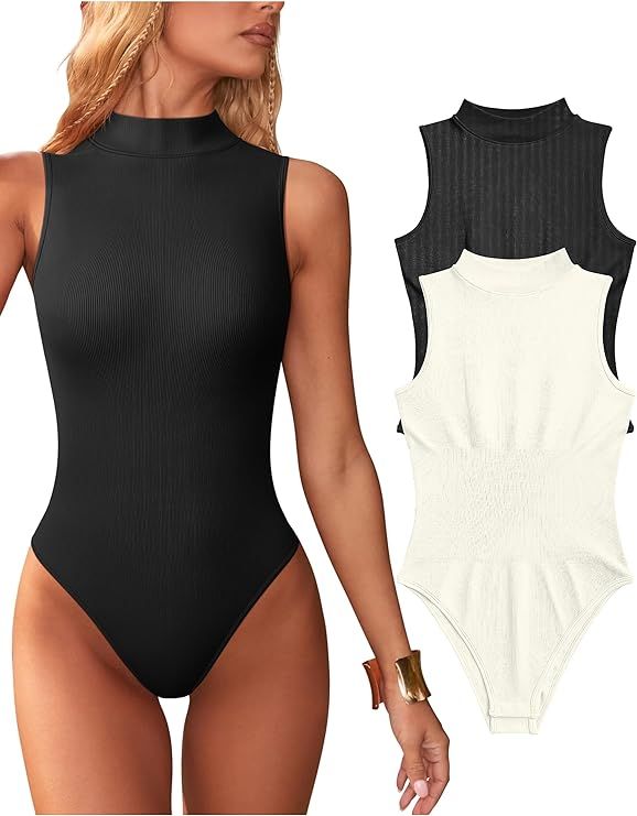 OQQ Women's 2 Piece Bodysuits Sexy Ribbed Sleeveless High Neck Tank Tops Bodysuits | Amazon (US)