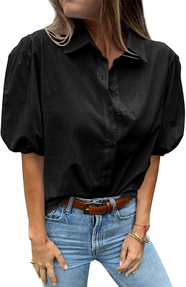 Tankaneo Women's Button Down Shirts Short Puff Sleeve Collared Dressy Casual Blouse Tops | Amazon (US)