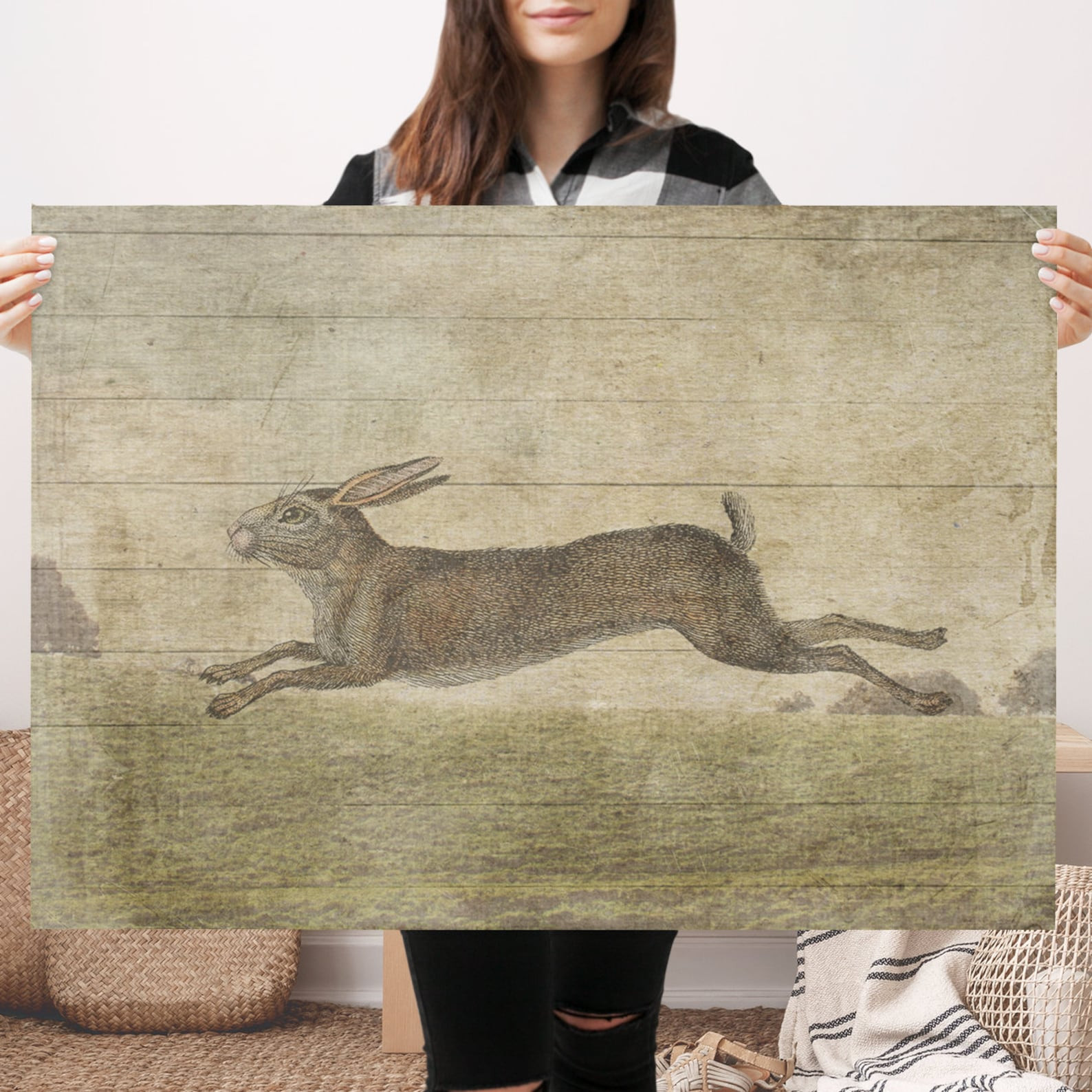 Vintage Leaping Bunny Canvas Flat Vintage Spring Decor - Etsy | Etsy (US)