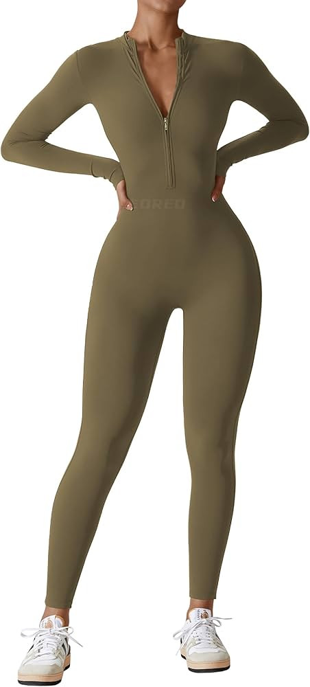 YEOREO Women Workout Jumpsuit Zip Up Romper Bottom Pants Long Sleeve Bodysuit Bodycon Sexy One Pi... | Amazon (US)