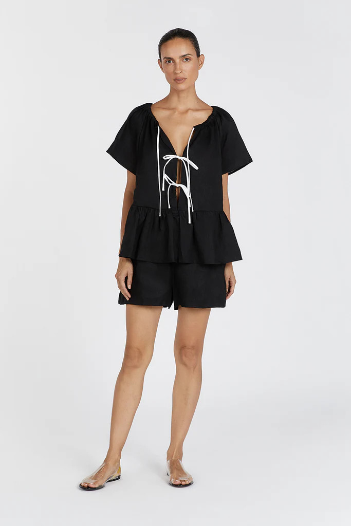 DEL BLACK LINEN SLEEVED TOP | DISSH