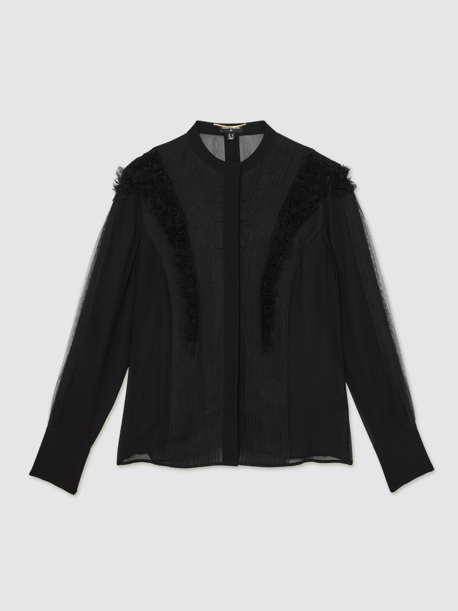 Reiss Atelier Sheer Ruffle-Trim Blouse in Black - REISS | Reiss UK