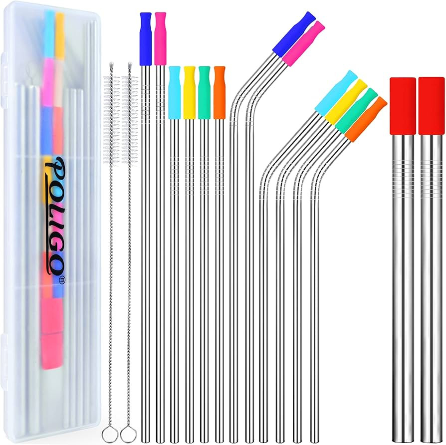 POLIGO 16pcs Reusable Stainless Steel Straws with Silicone Tips, 8.5” 10.5" Metal Drinking Straw Set | Amazon (US)