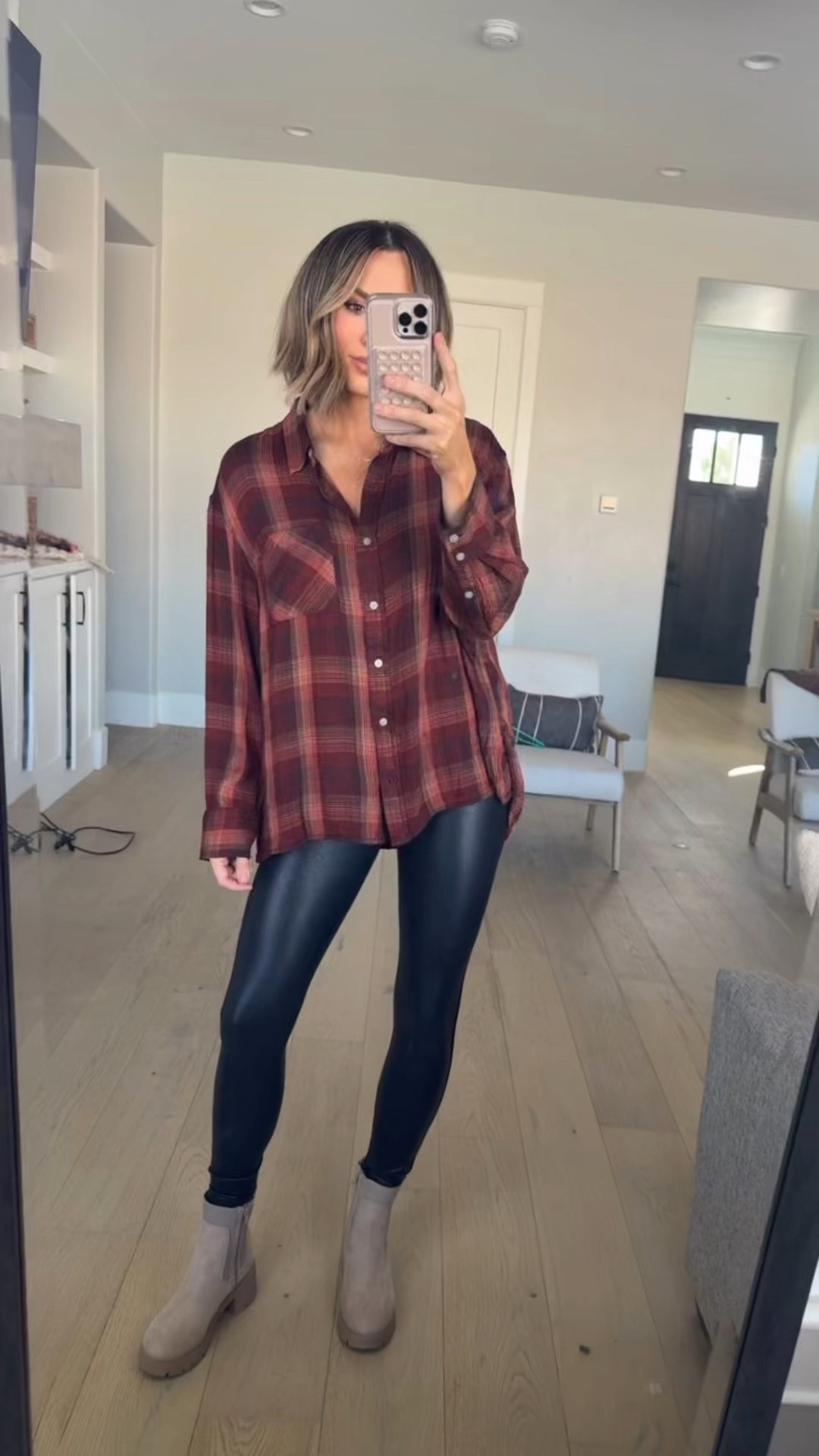 #Walmartpartner faux leather leggings back in stock! Only $15 and I’m wearing a small. Love this flannel wearing a 1X
@walmartfashion #walmartfashion 

#LTKFindsUnder50 #LTKStyleTip #LTKOver40