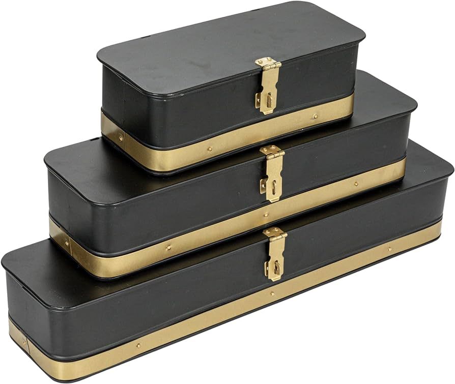 Creative Co-Op Decorative Metal Boxes with Lid, Black with Gold Band, Set of 3 | Amazon (US)