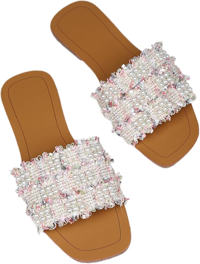 GORGLITTER Women's Summer Beach Sandals Color Block Faux Pearls Decor Leather Flat Sandals | Amazon (US)
