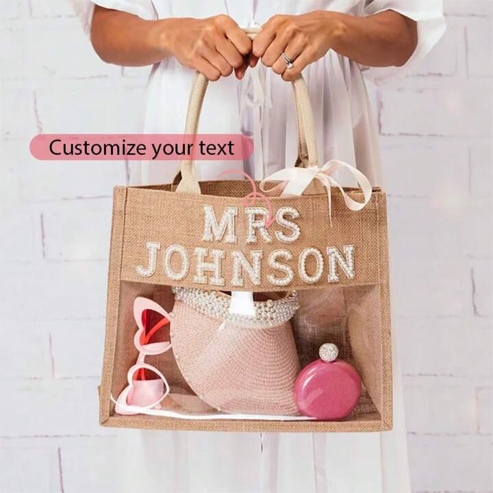 Personalized Custom Mrs Transparent Tote Bag Beach Pool Rustic Wedding Engagement Bachelorette Hen Party Bridal Shower Honeymoon Gift Bride Present(Only Contain The Bag) Letter Portable,Multifunction,Versatile,Lightweight,Functional,Practical Trendy,Contracted,Vacay Vibes/Vacation,Minimalist,Basics,Leisure,Commuting,Business Casual Custom,Unique,Customized Treasure Finds,Winter Fashion,Christmas/Holiday Gift,Personalized Gifts For Women,Travel Bag,Clutch Bag/Handbag,Shoulder Tote Bag,Tote Bag Large Ideal Gifts For Her Friends,Women, Rookies & White-Collar Workers For Anniversaries,For Christmas,For Fall/Autumn,For Holiday/ Vacation,For Outdoors/Outings/Travel/Hiking/Stadium/Sports/Climbing | SHEIN