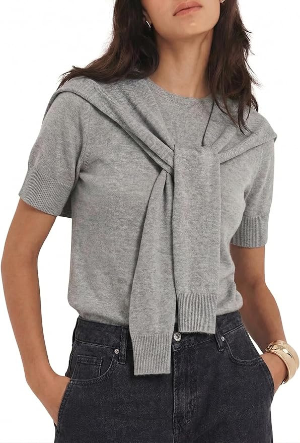 EsheSy Women's Shawl Knit Top Crewneck Short Sleeves Cropped Pullover Trendy Casual Easy to Match... | Amazon (US)