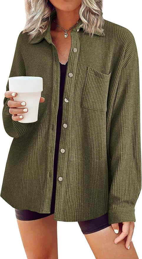HOTOUCH Waffle Button Down Shirt Women Casual Knit Tops Long Sleeve Loose Fit Shacket with Pocket | Amazon (US)