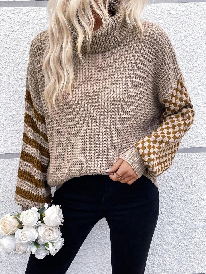 SHEIN Essnce Checker & Striped Pattern Turtleneck Drop Shoulder Sweater | SHEIN