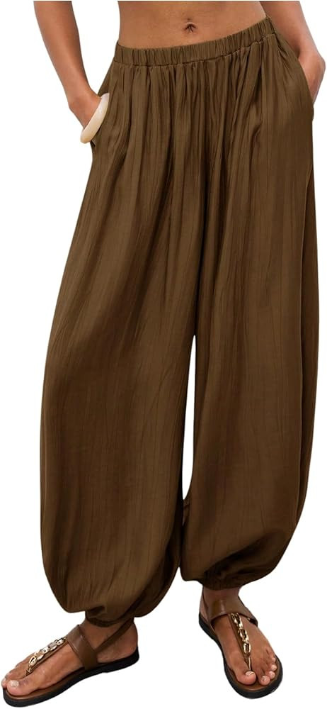 Verdusa Women's Balloon Pants Bohemian Low Waist Wide Leg Pants with Pocket | Amazon (US)
