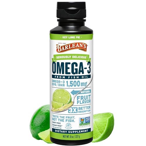 Barlean's Omega 3 Fish Oil Liquid Supplement for Men and Women, 1500mg of EPA and DHA Fatty Acid, Promotes Brain & Heart Health - Non-GMO, Key Lime Pie, 8 oz | Amazon (US)