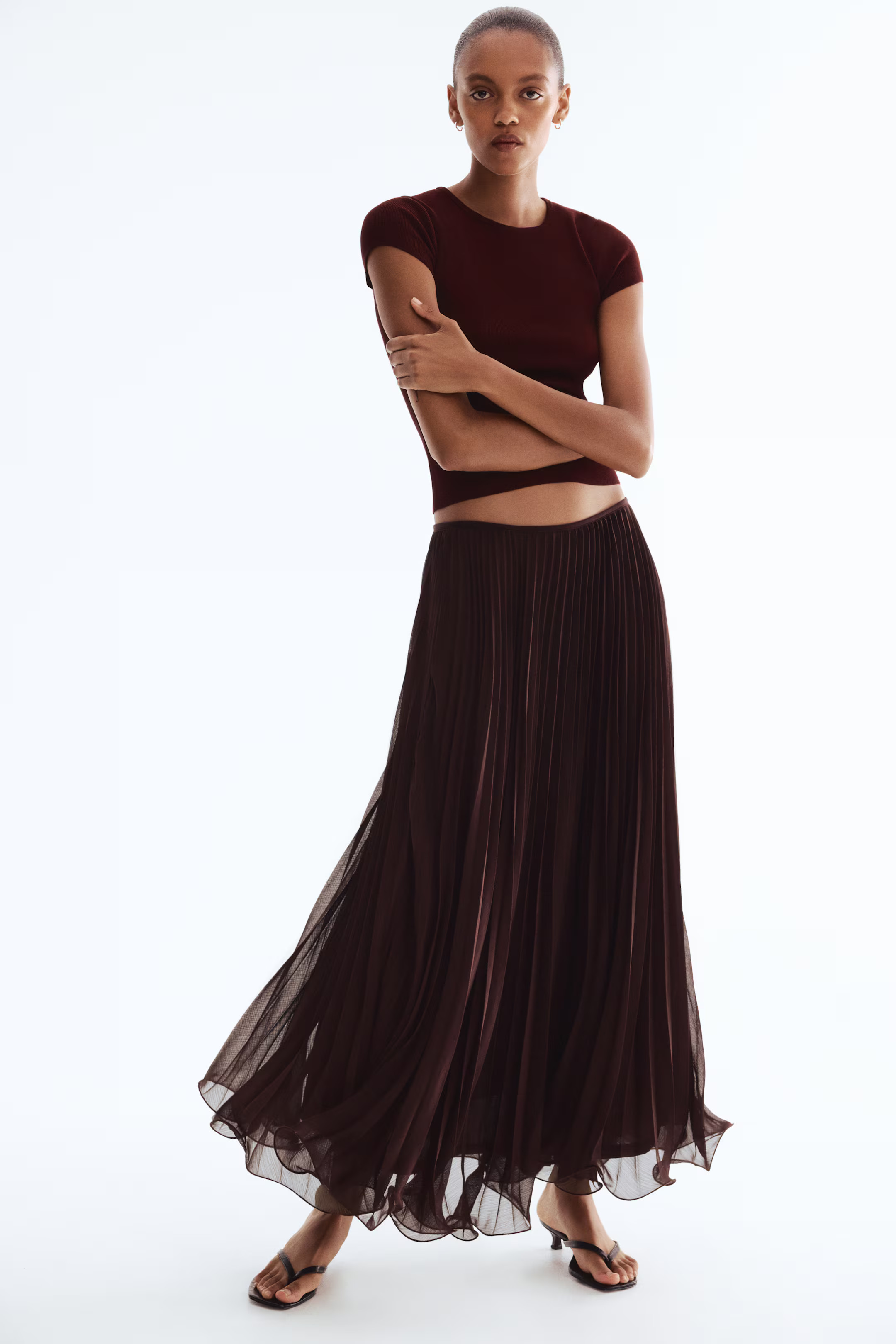 Sheer pleated skirt - Burgundy - Ladies | H&M GB | H&M (UK, MY, IN, SG, PH, TW, HK)