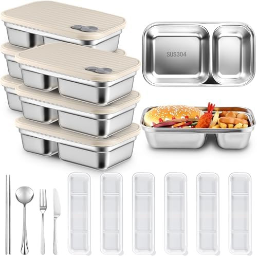 Teecyhooo 6 Pack Stainless Steel 2 Compartment Snack Containers with Lids and Flatware Snack Cont... | Amazon (US)