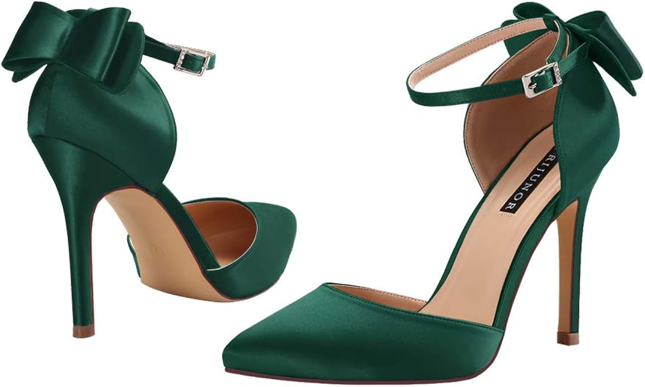 ERIJUNOR Women High Heel Bow Ankle Strap Evening Party Dance Wedding Satin Shoes | Amazon (US)